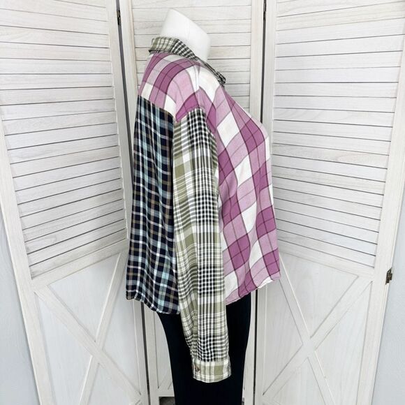 Cato Patchwork Multi Plaid Button Up Shirt XL Rayon Long Sleeve - Picture 3 of 12